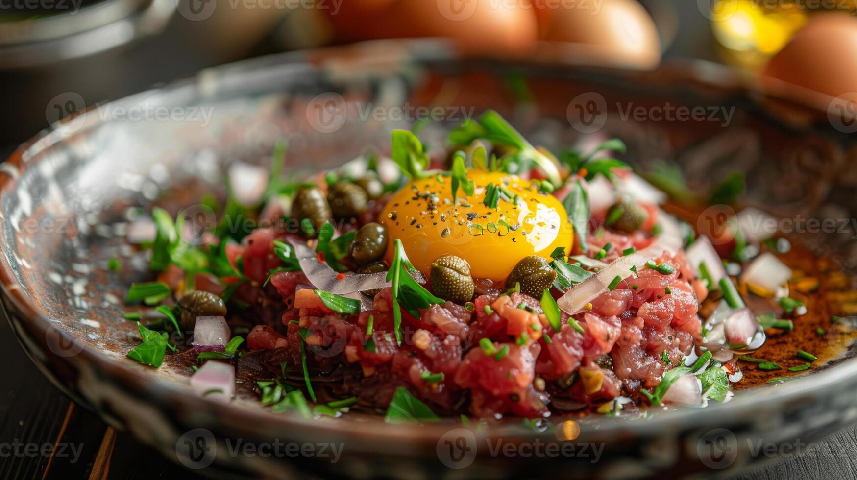 ai généré une assiette de du boeuf tartare avec câpres, oignon, et un Oeuf Jaune d'œuf photo