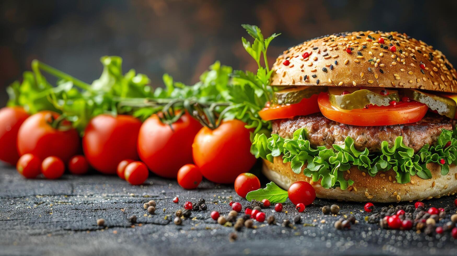 ai généré Frais Hamburger avec laitue, tomates, et du boeuf petit pâté photo