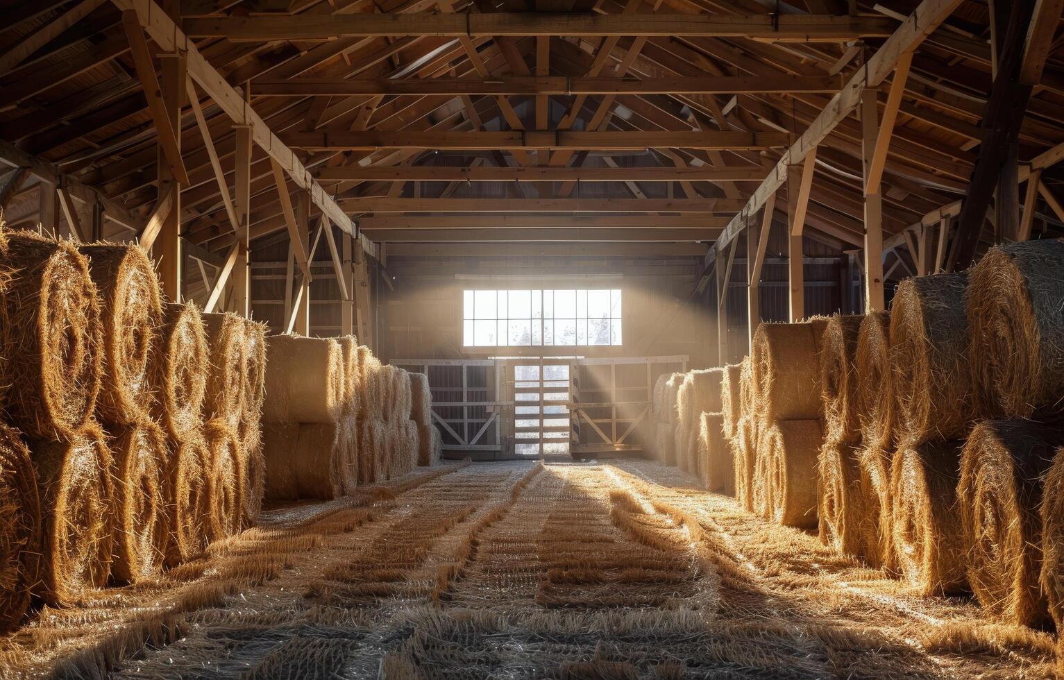 ai généré Grange intérieur avec foins balles et lumière du soleil photo