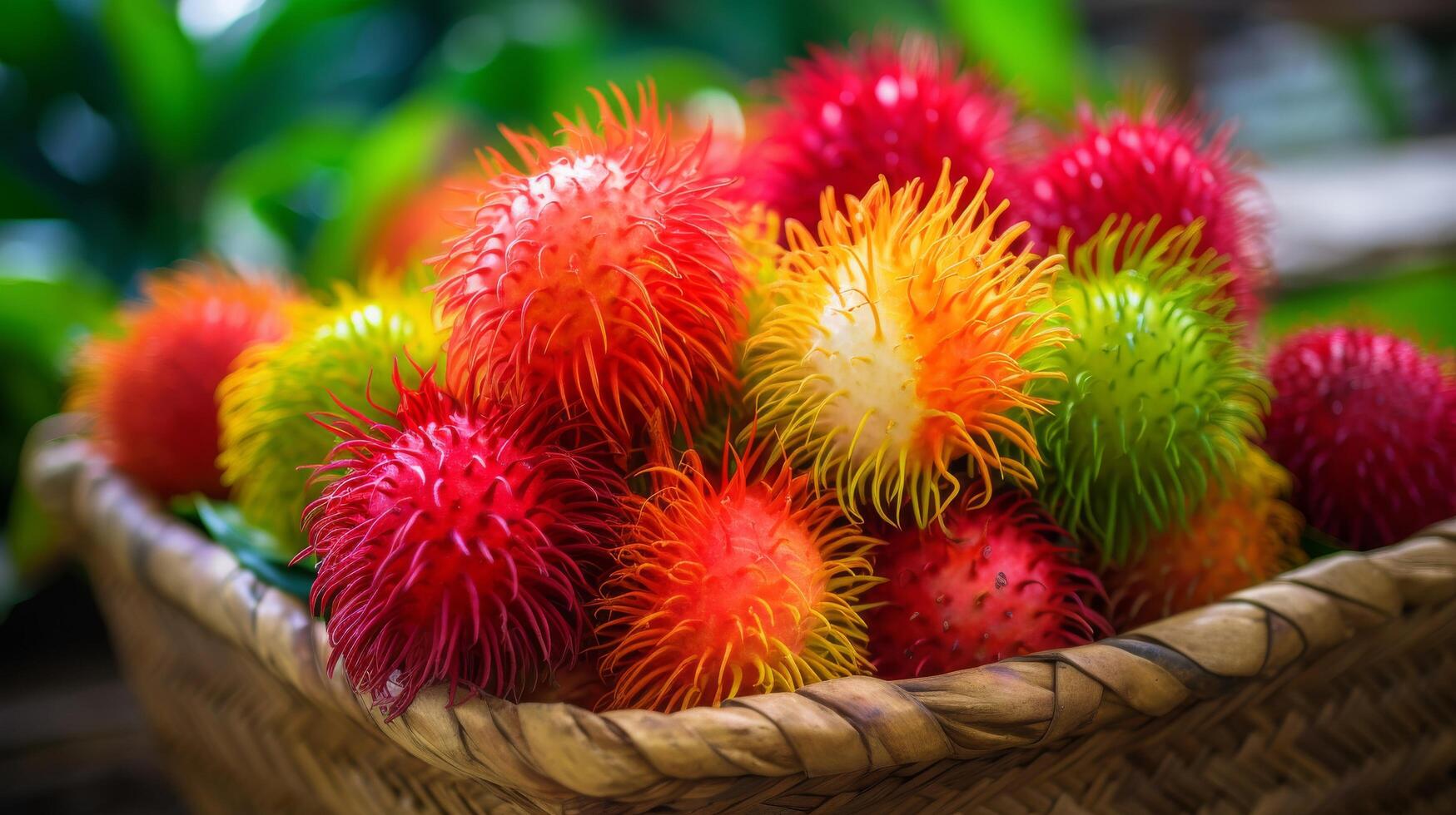 ai généré juteux ramboutans dans une vibrant panier, tropical fruit proche en haut photo