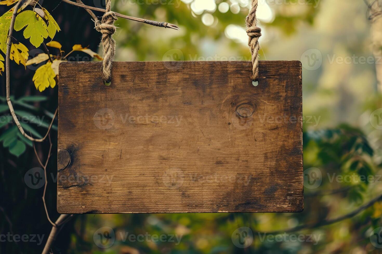 ai généré vide La publicité planche sur fil en plein air dans la nature. en bois Vide bannière pendaison sur Cordes. endroit pour texte. photo