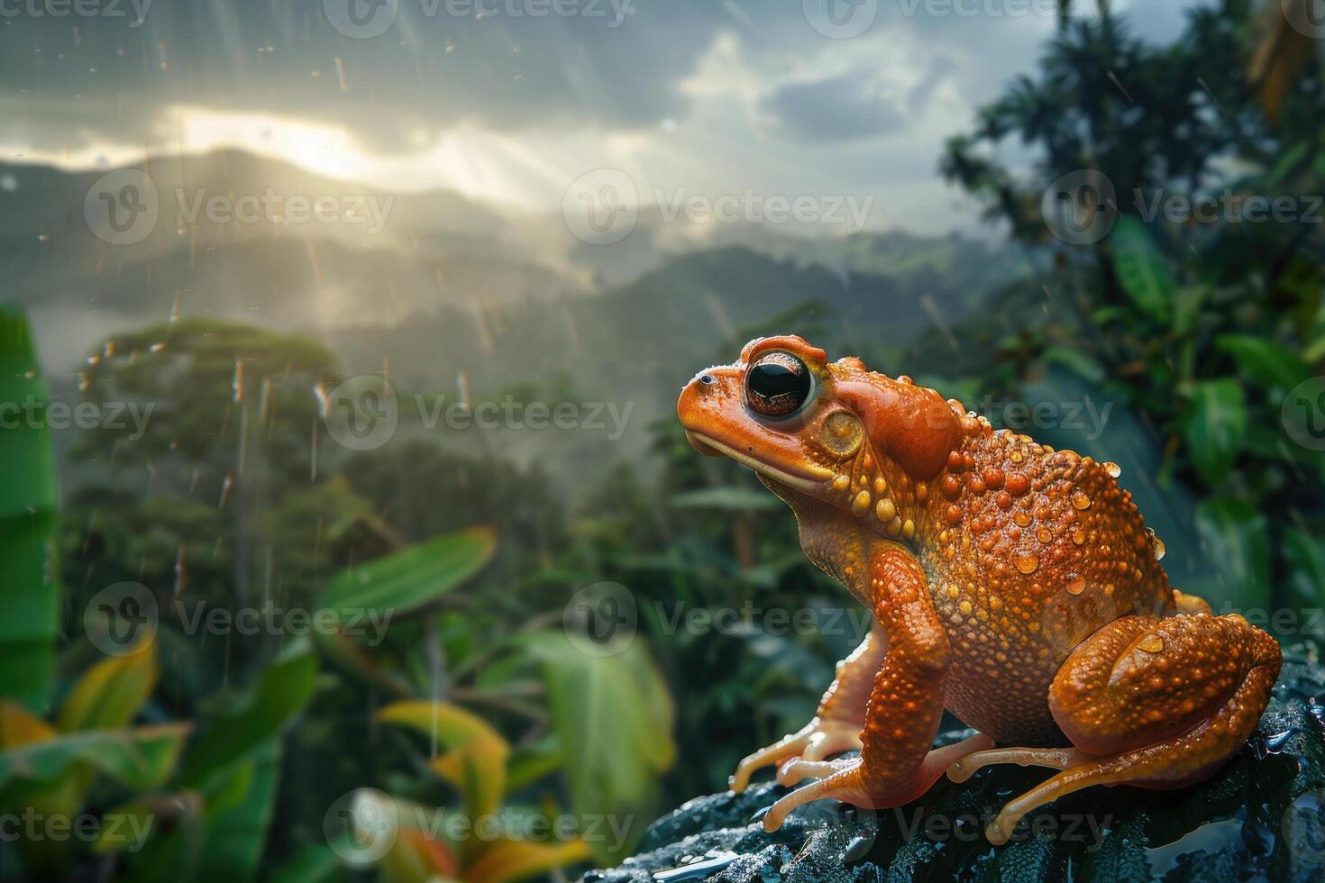 ai généré grenouille à le la nature bassin dans vert tropical forêt montrant abondant la nature photo