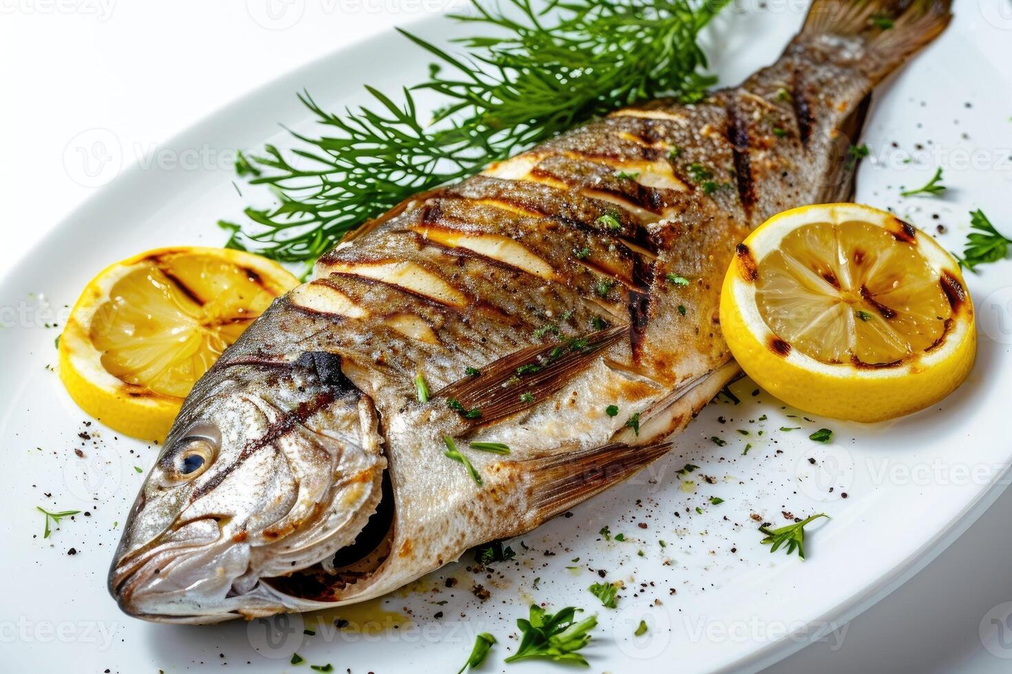 ai généré grillé dorado poisson avec citron sur blanc Contexte photo