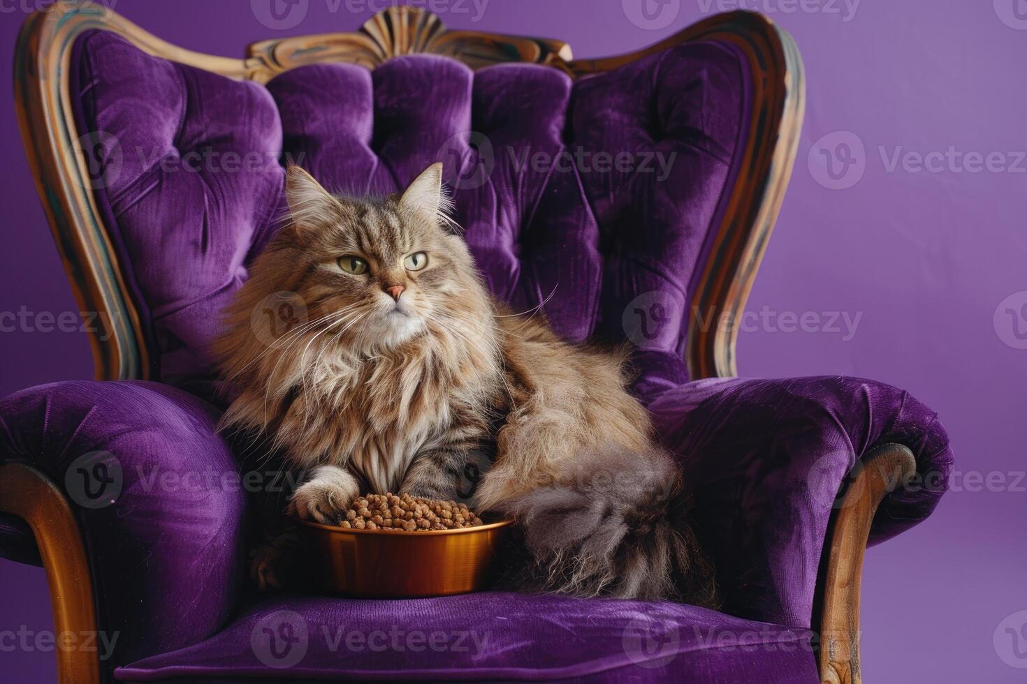 ai généré magnifique chat séance dans une victorien style chaise. a une bol de animal de compagnie aliments. photo