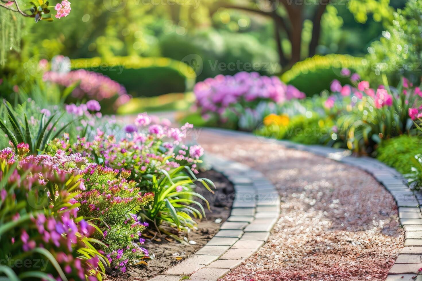 ai généré magnifique aménagement paysager avec magnifique les plantes et fleurs. photo