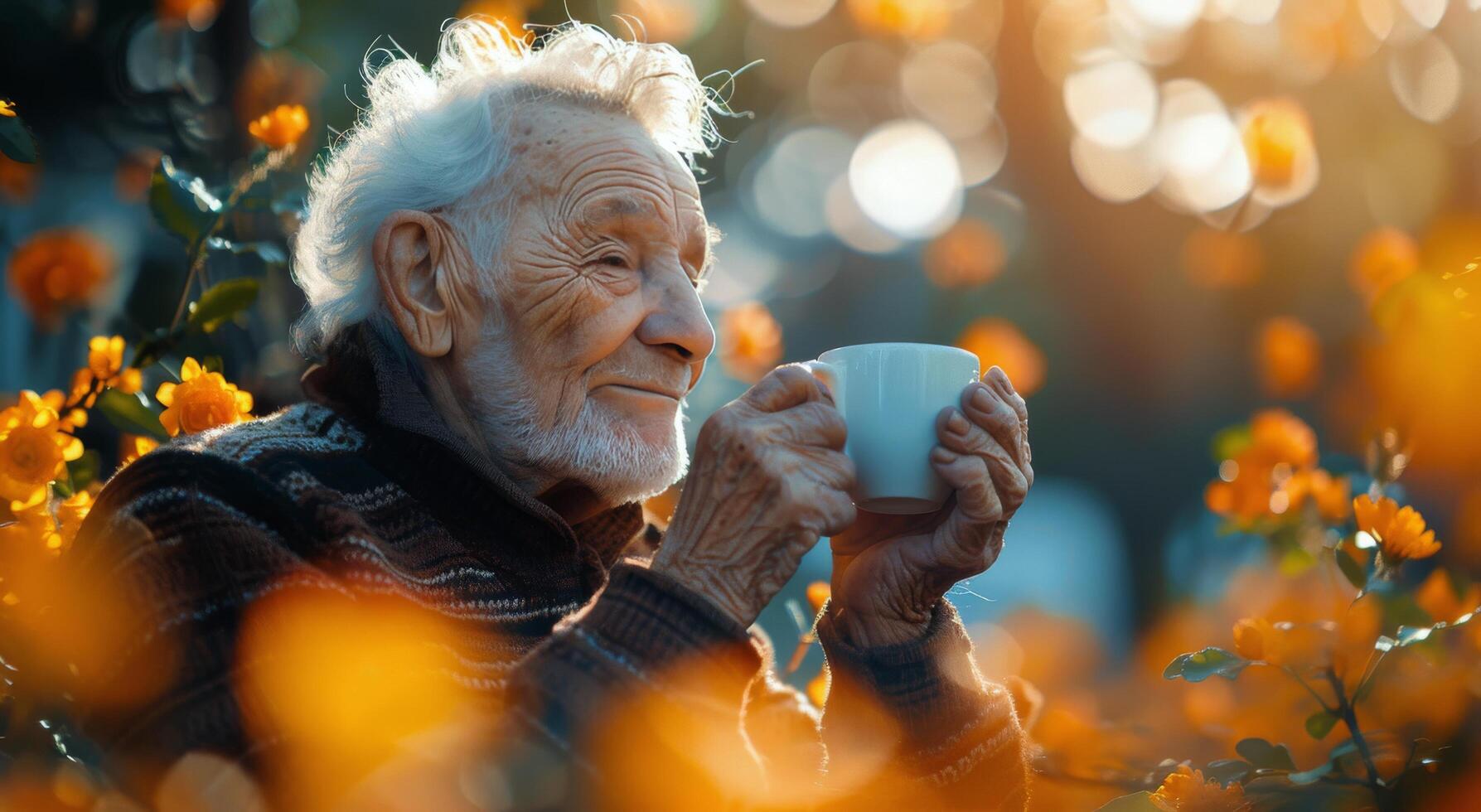 ai généré personnes âgées homme en buvant café photo