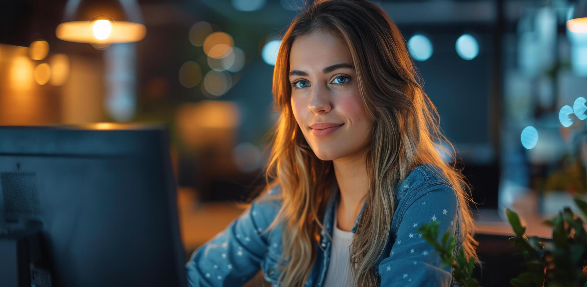 ai généré femme à la recherche à ordinateur écran à nuit photo