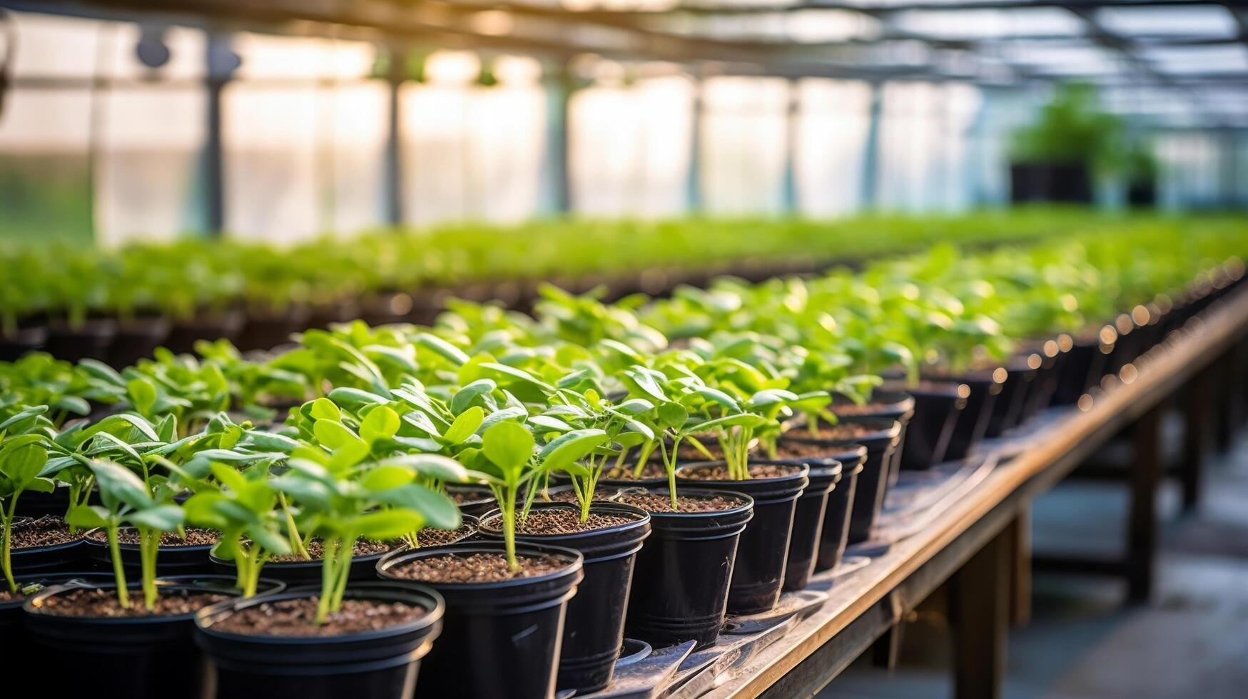 ai généré serre scène mettant en valeur Lignes de soigneusement arrangé mis en pot les plantes photo