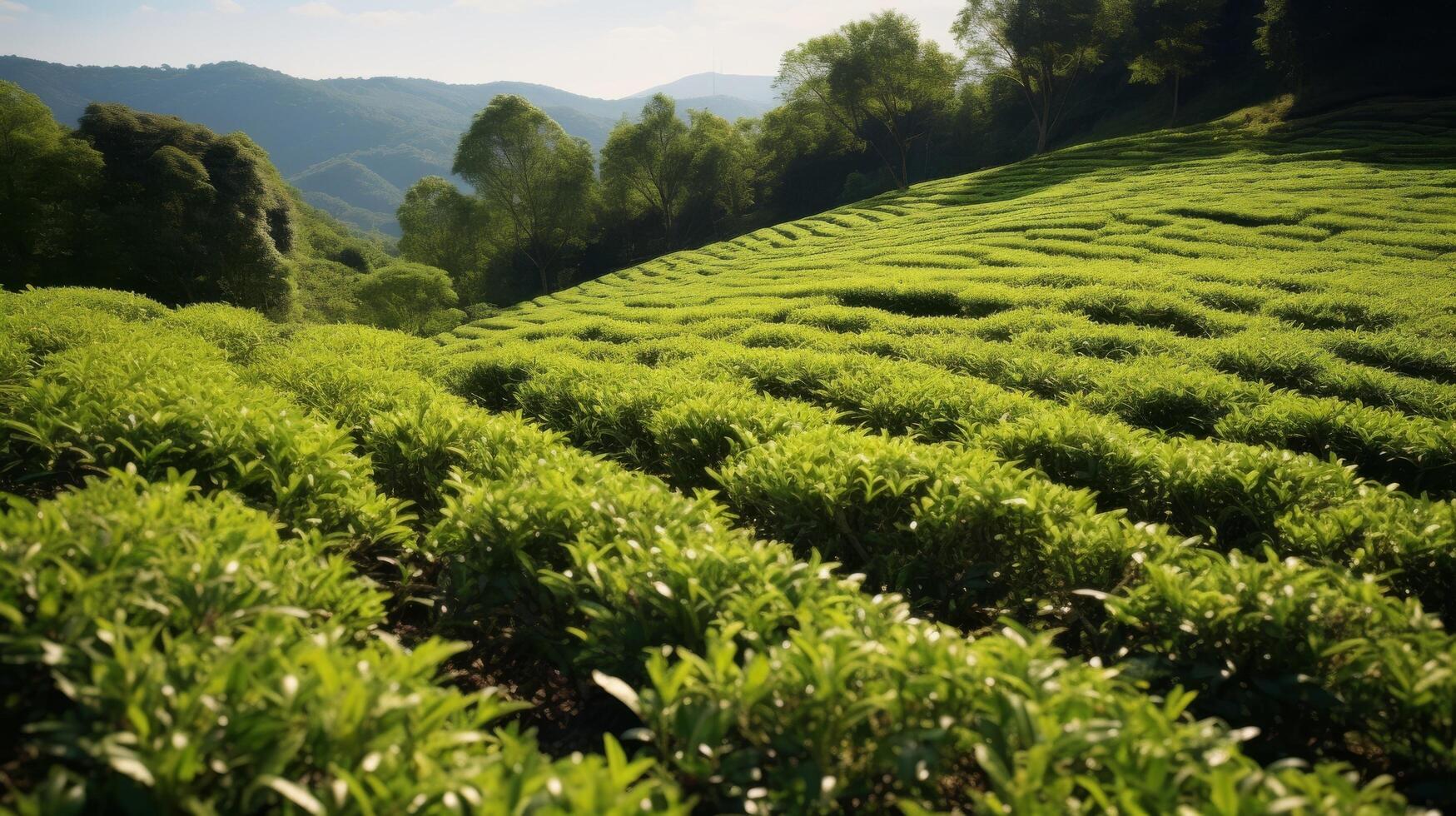 ai généré Lignes de vert thé des buissons en cascade vers le bas une pittoresque flanc de coteau photo