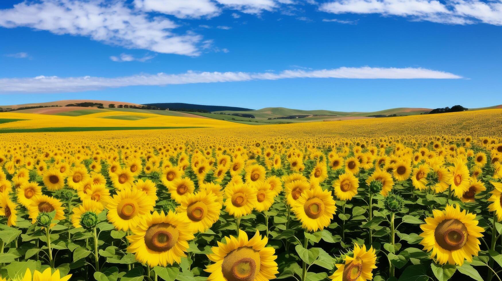 ai généré une tournesol champ dans plein floraison, une vraiment pittoresque vue photo