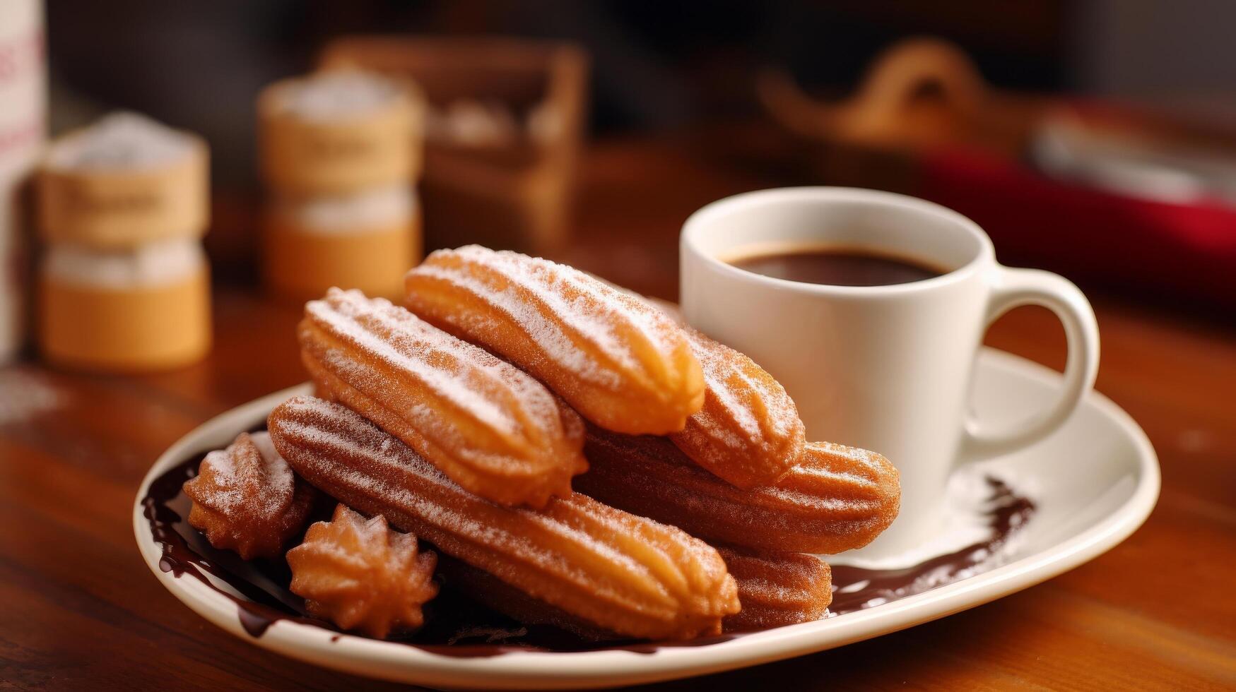 ai généré d'or Churros et chaud cacao photo