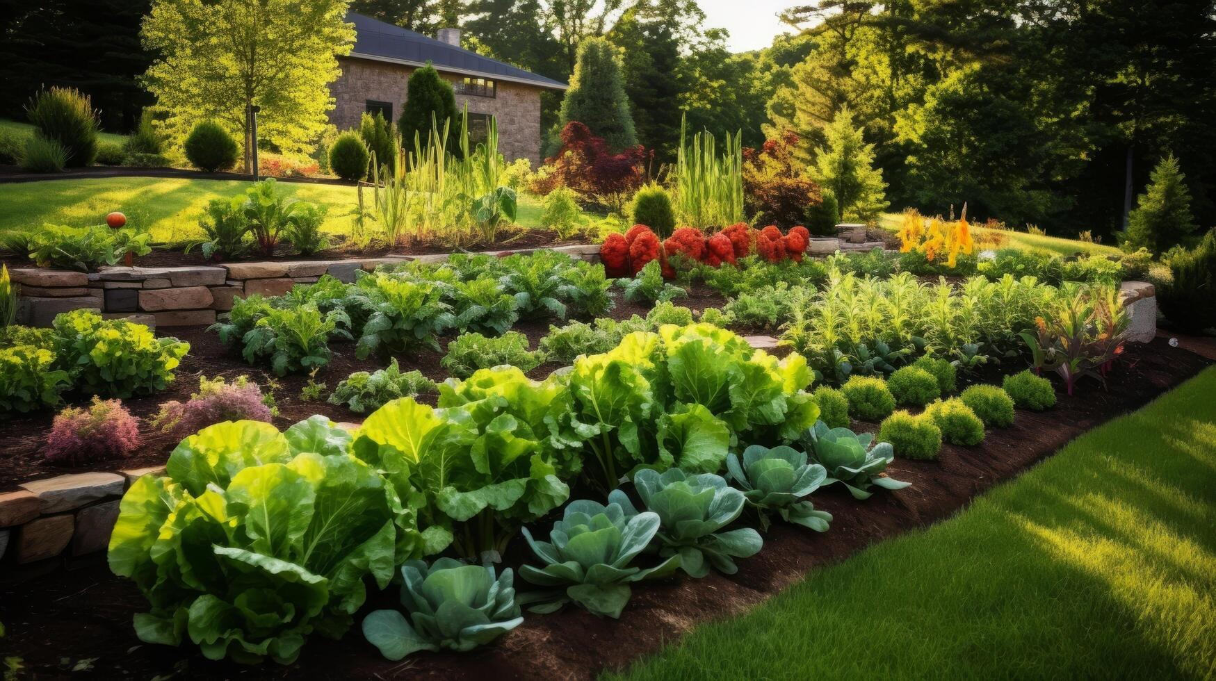 ai généré luxuriant vert légume jardin dans plein Floraison photo