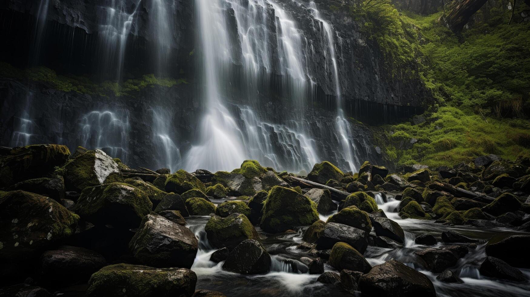 ai généré cascade dans région sauvage avec vert des arbres et rochers photo