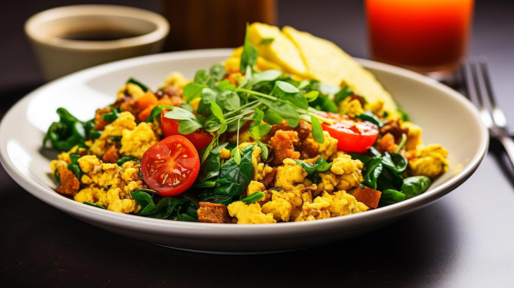 ai généré délicieux végétalien petit déjeuner option avec copieux Tofu brouiller photo