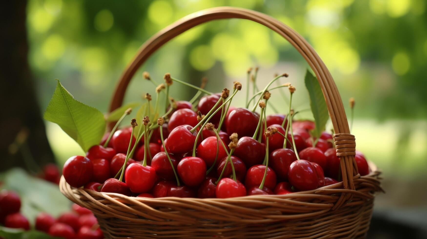 ai généré panier débordant avec mûr, juteux cerises photo