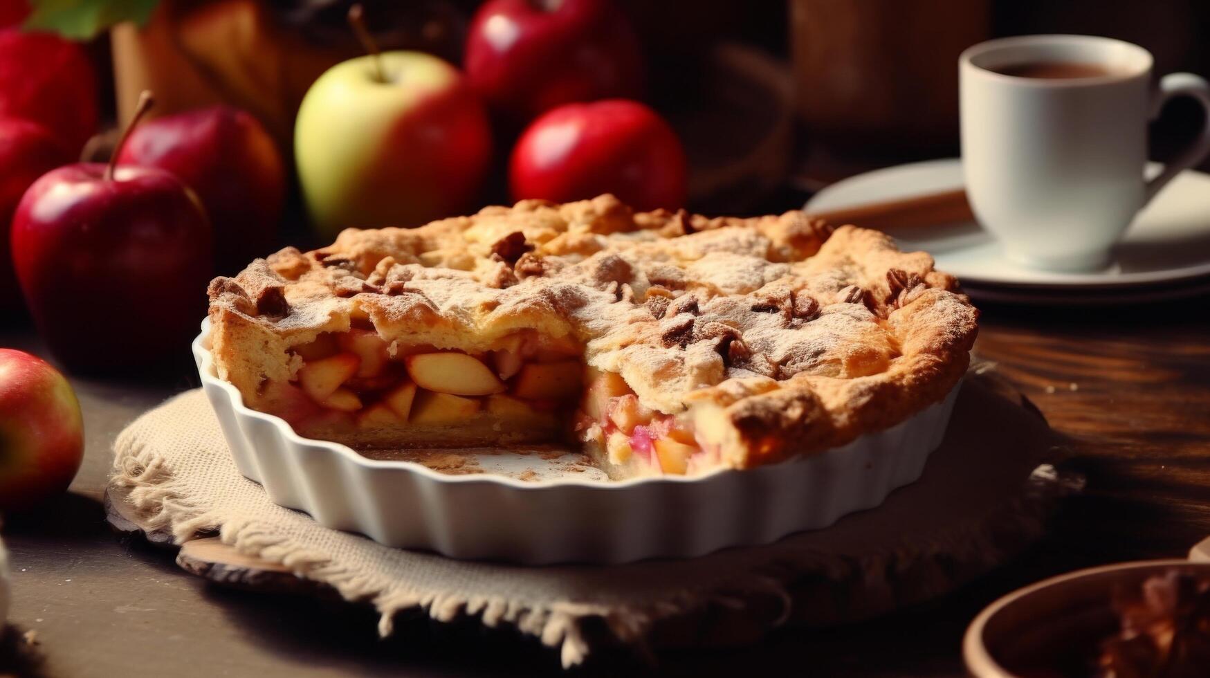 ai généré début votre journée droite avec une rustique Pomme tarte petit déjeuner photo