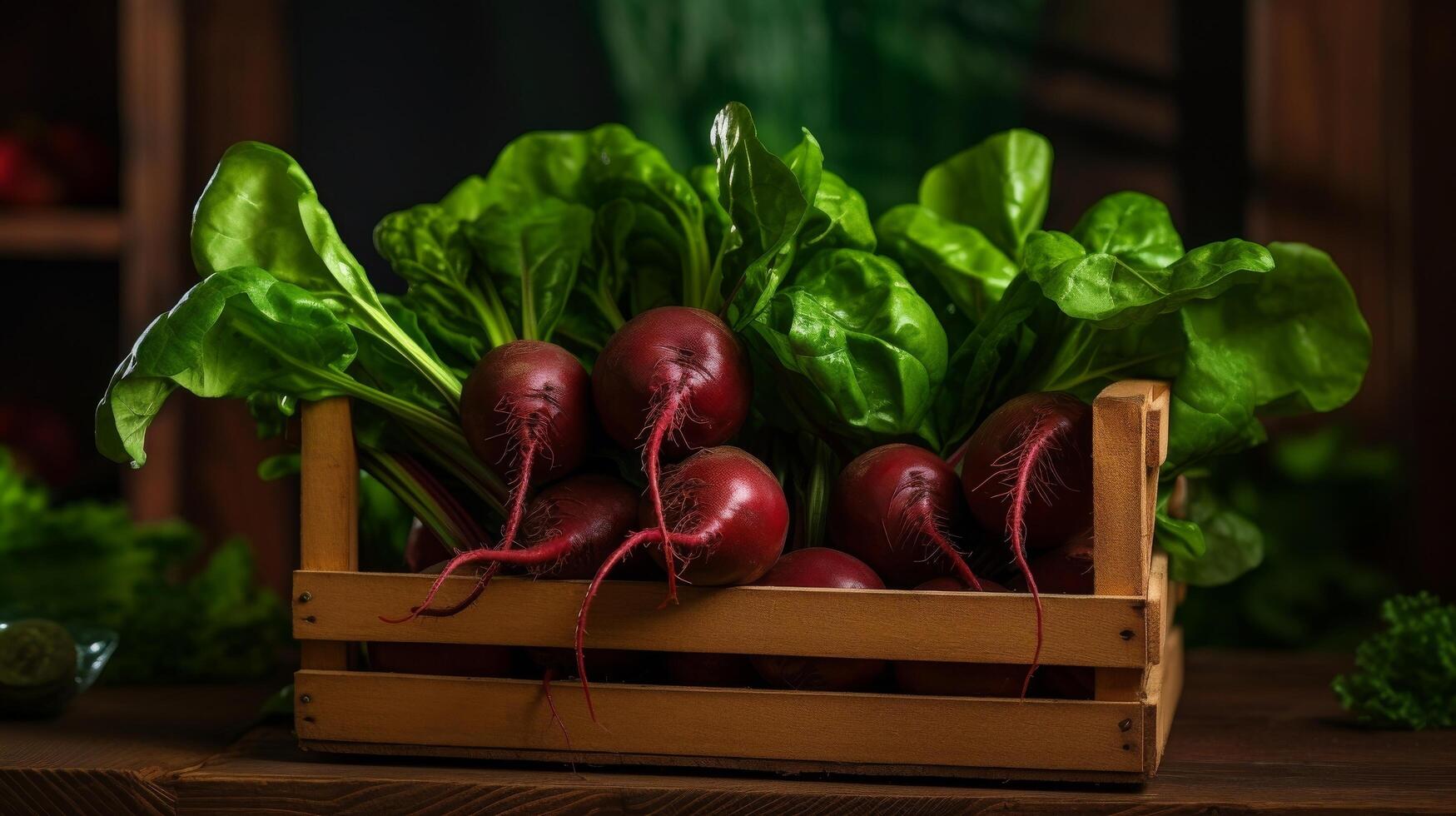 ai généré détaillé coup de vibrant betteraves soigneusement arrangé dans une en bois panier photo