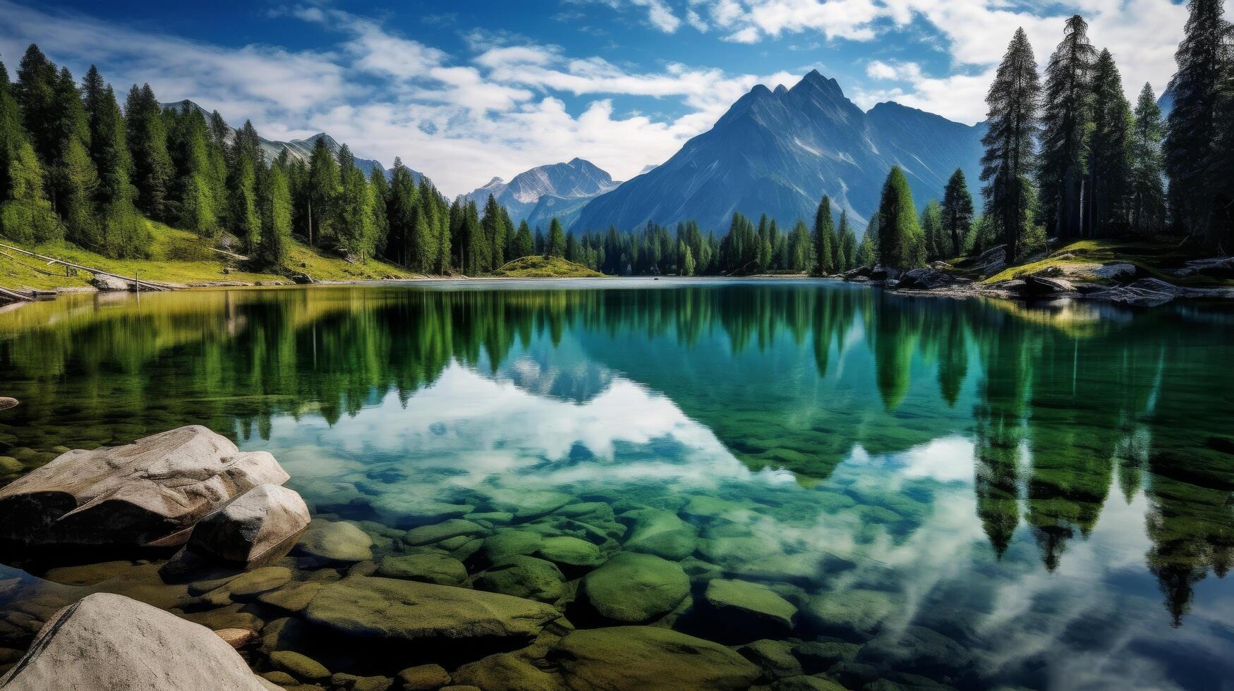 ai généré une paisible paysage de une Montagne Lac avec verdure et des nuages photo