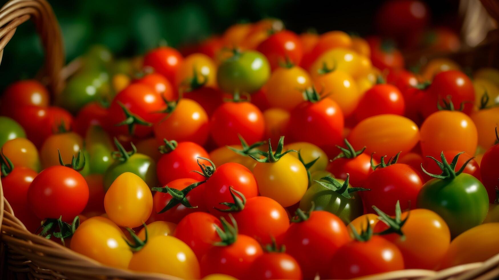 ai généré vibrant proche en haut mettant en valeur une panier de assorti Cerise tomates photo