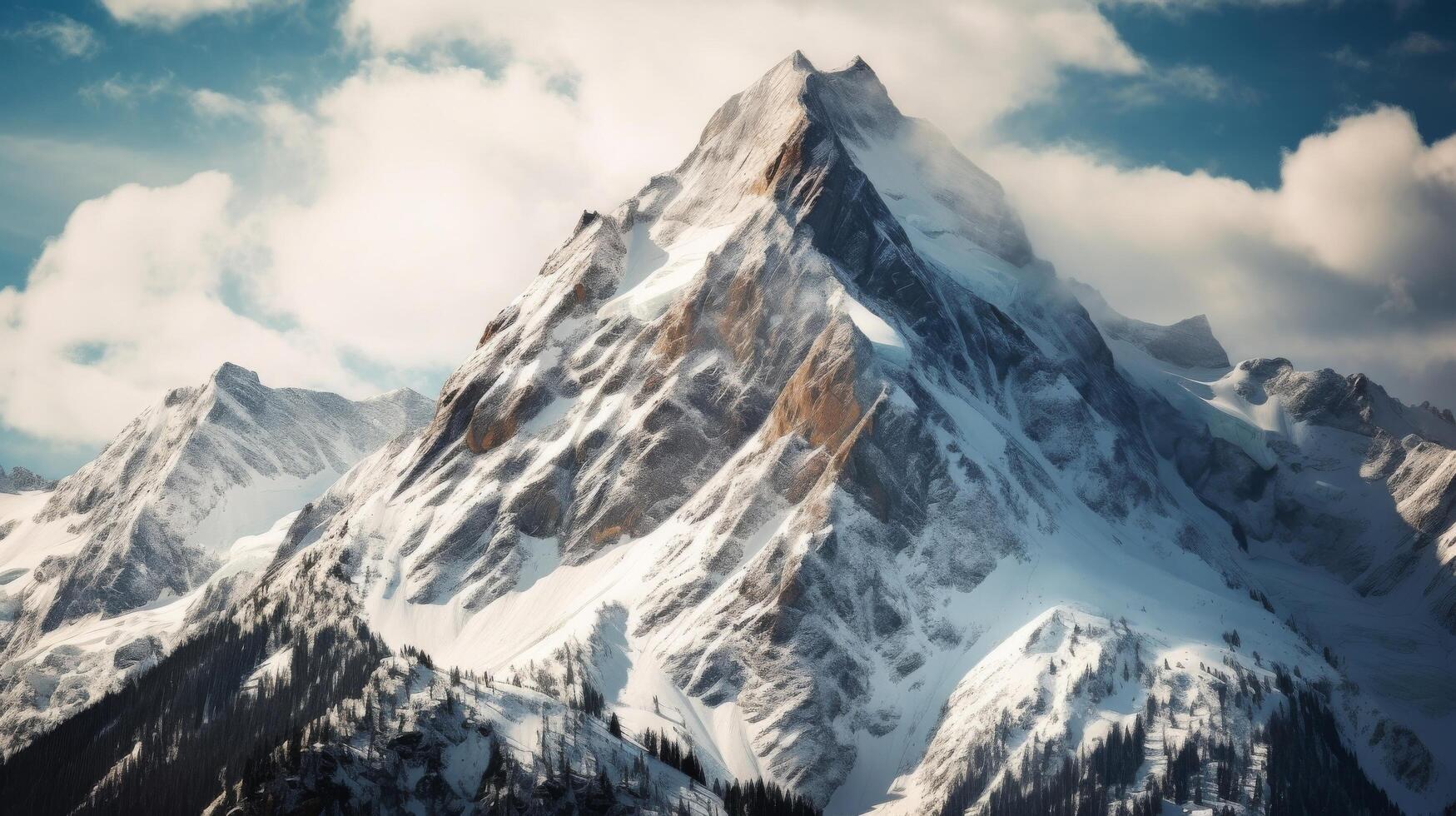 ai généré une majestueux neigeux de pointe en hausse au dessus le des nuages photo