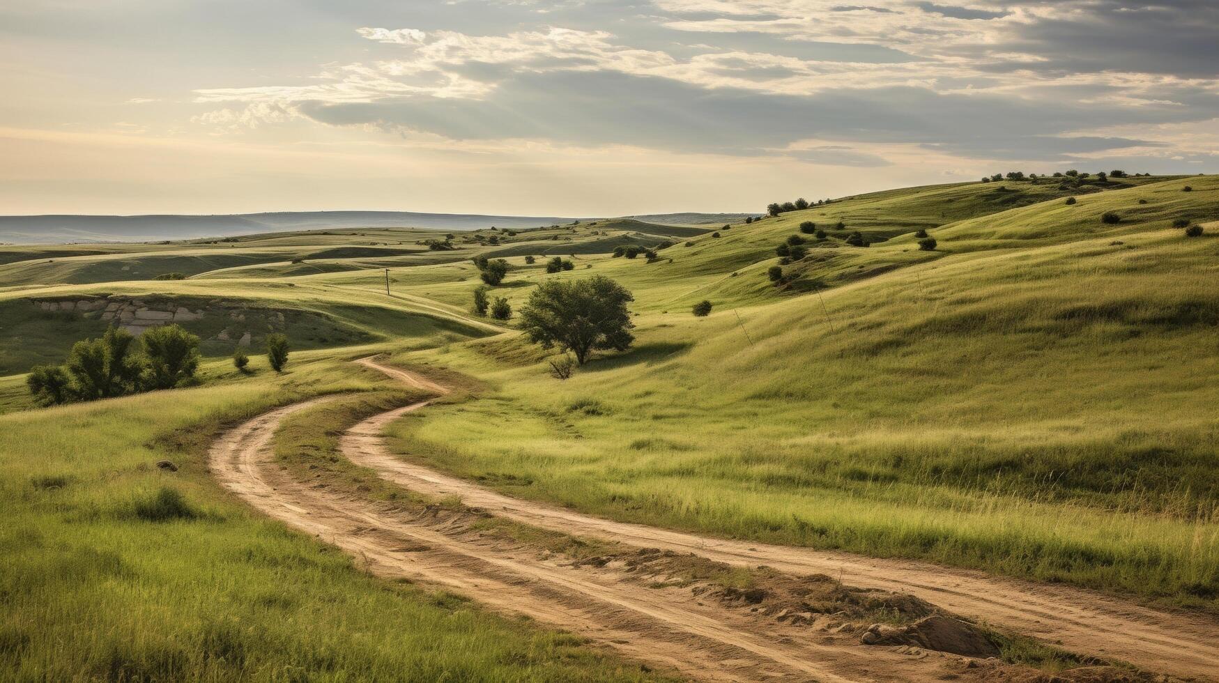 ai généré rural saleté Piste sinueux par cultivé des champs photo