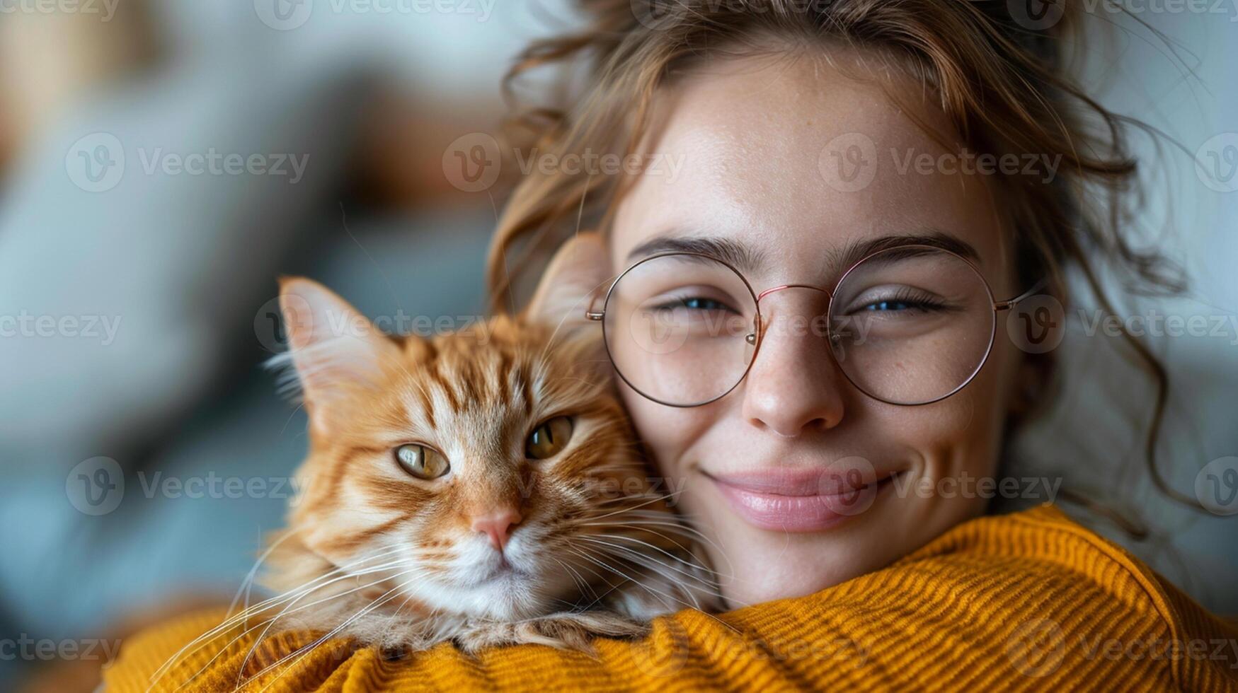 ai généré magnifique Jeune femme avec mignonne chat sur lumière Contexte photo