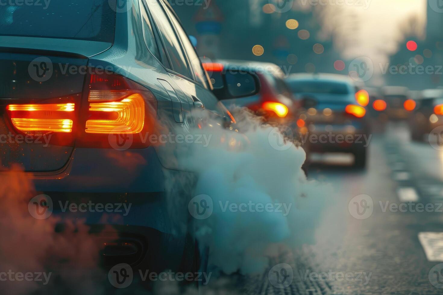 ai généré transport Voyage circulation confitures sur routes avec air pollution, fumée de voiture échappement tuyaux. photo