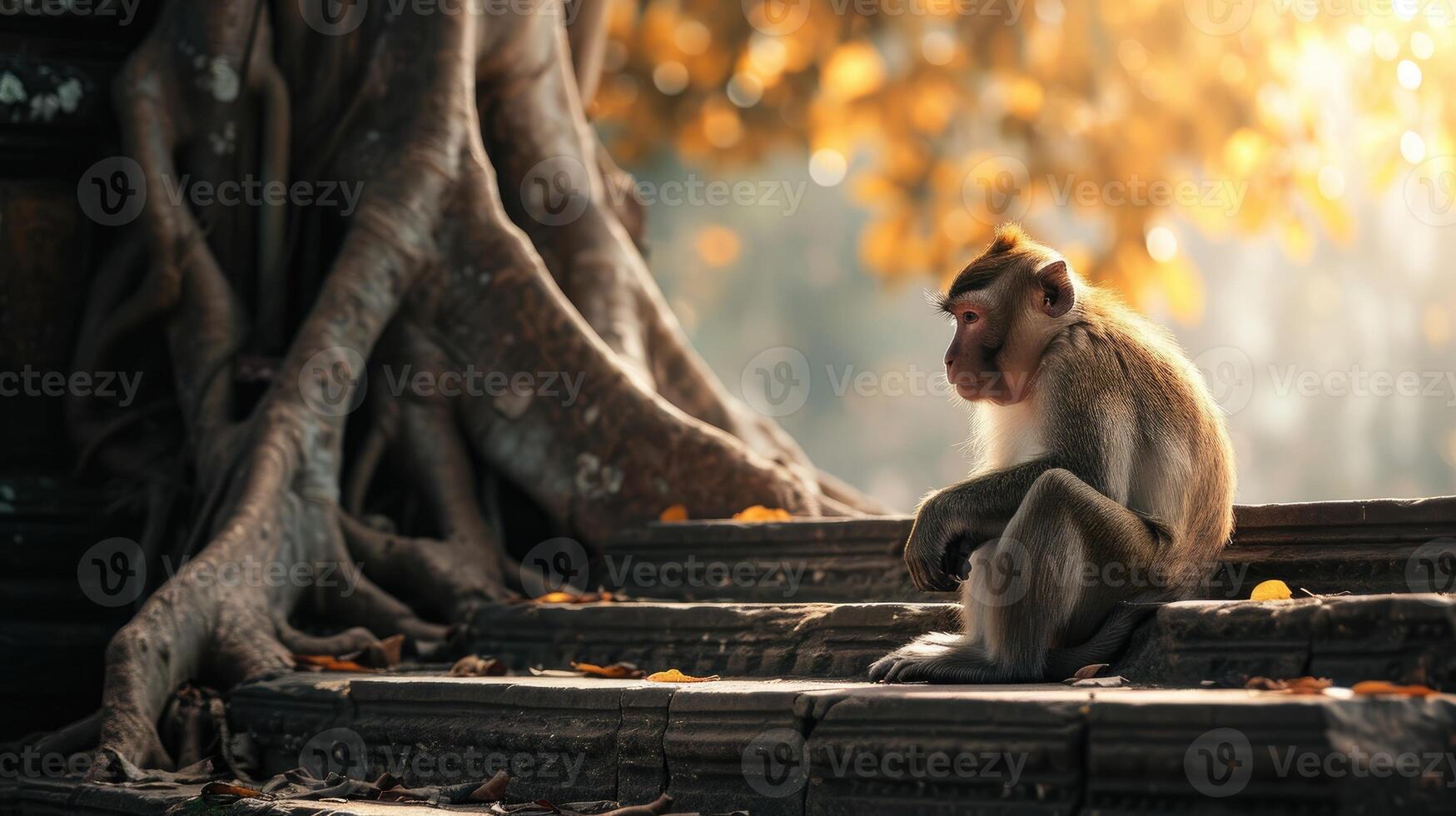 ai généré singe relaxant sur escaliers avec une arbre derrière il, dans le style de bouddhiste art et architecture. photo