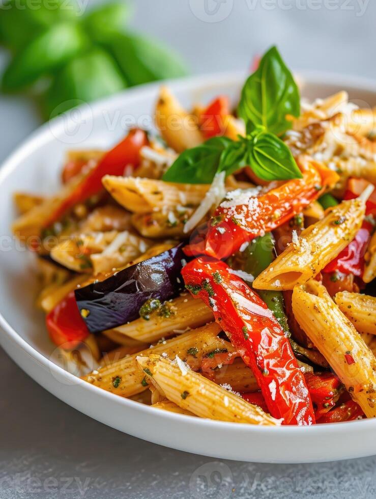 ai généré Pâtes salade avec cuit des légumes. Penne Pâtes avec cuit poivrons, aubergine, Pesto et fromage dans une blanc assiette photo