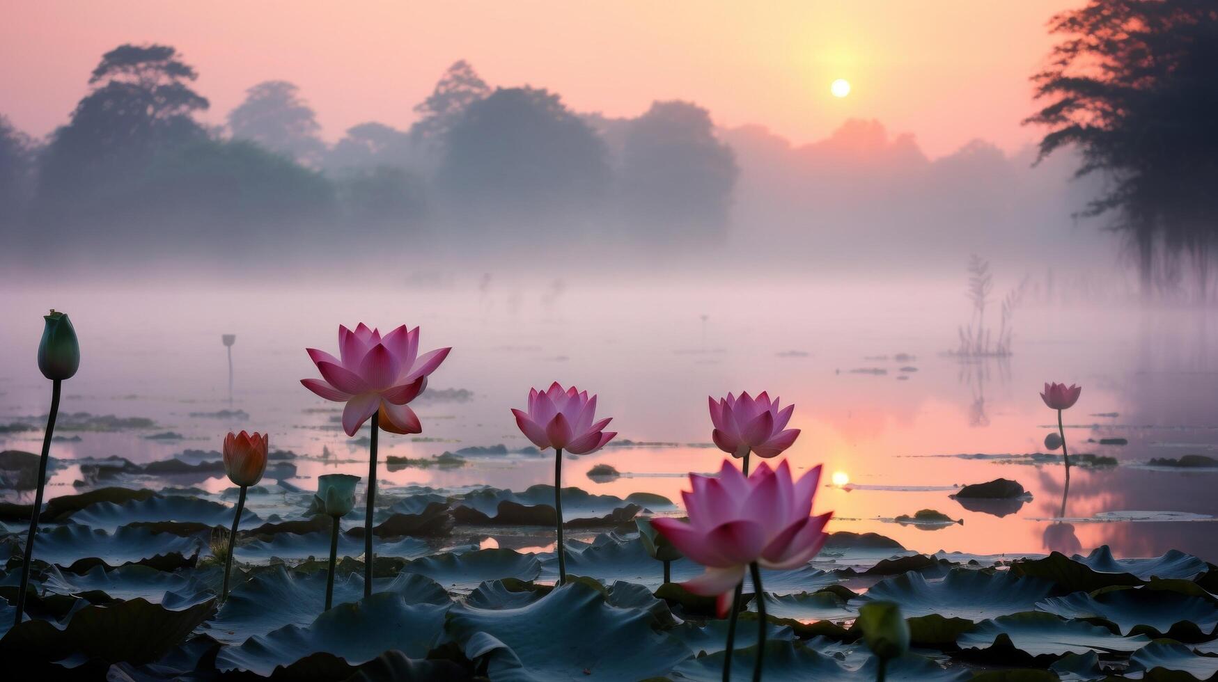 ai généré lever du soleil plus de une calme étang avec lotus fleurs et vert feuilles photo