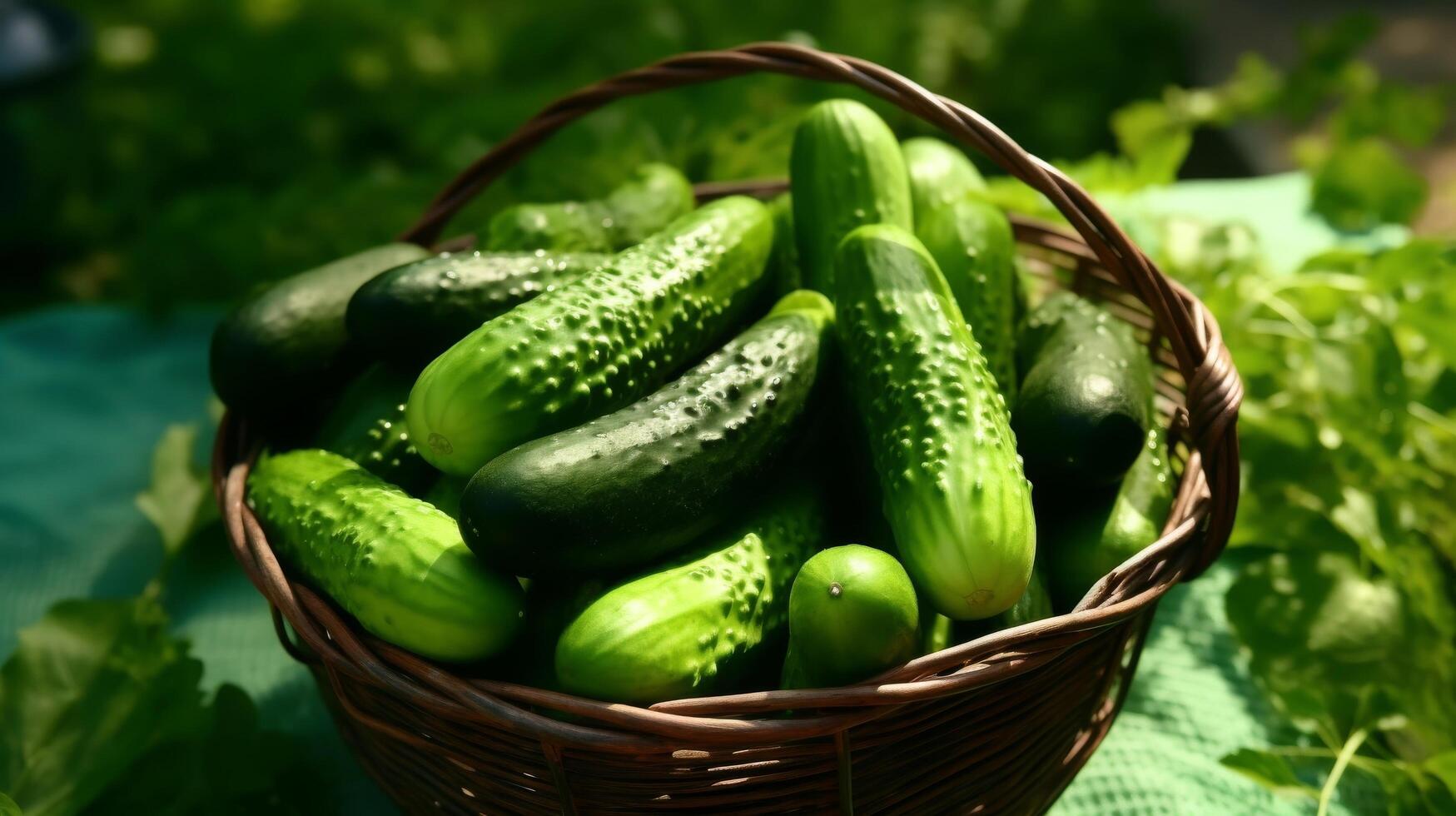 ai généré panier mettant en valeur un ample récolte de Frais vert concombres photo