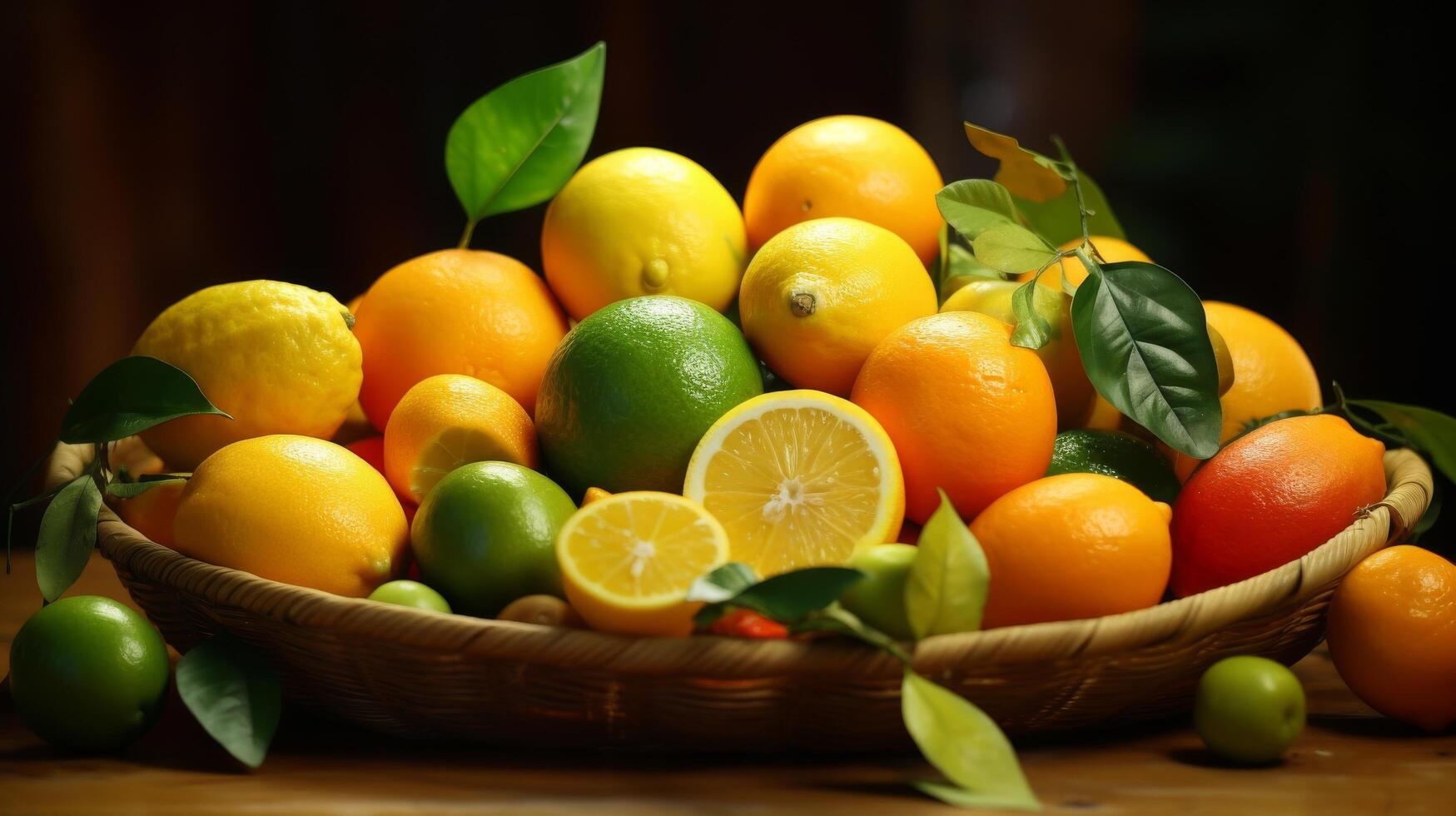 ai généré panier de Frais et coloré agrumes des fruits photo