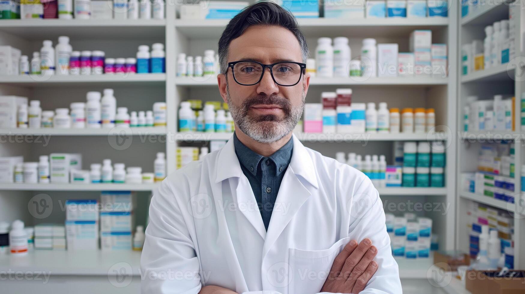 ai généré à l'intérieur le pharmacie, amical Masculin pharmacien dans blanc manteau, médicament et au-delà, génératif ai photo