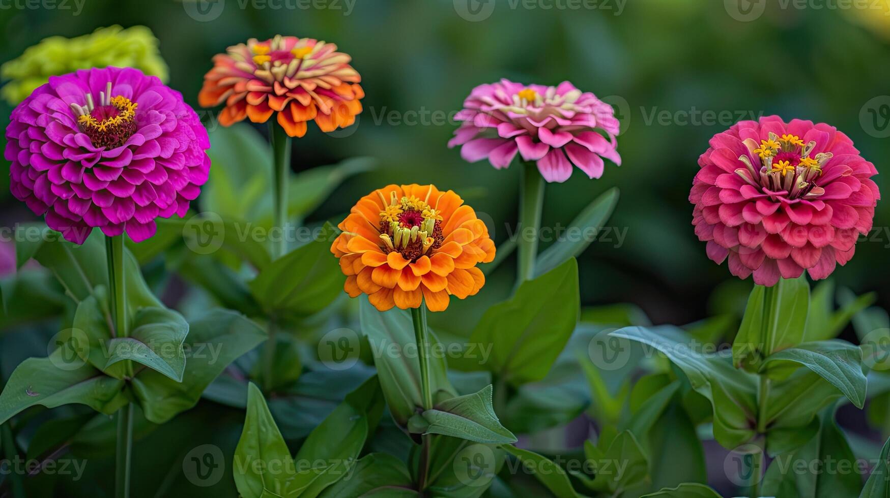 ai généré dans une fleur lit dans une grand nombre divers zinnias grandir et fleurir. photo