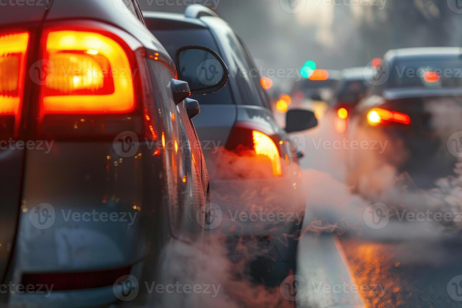 ai généré transport Voyage circulation confitures sur routes avec air pollution, fumée de voiture échappement tuyaux. photo