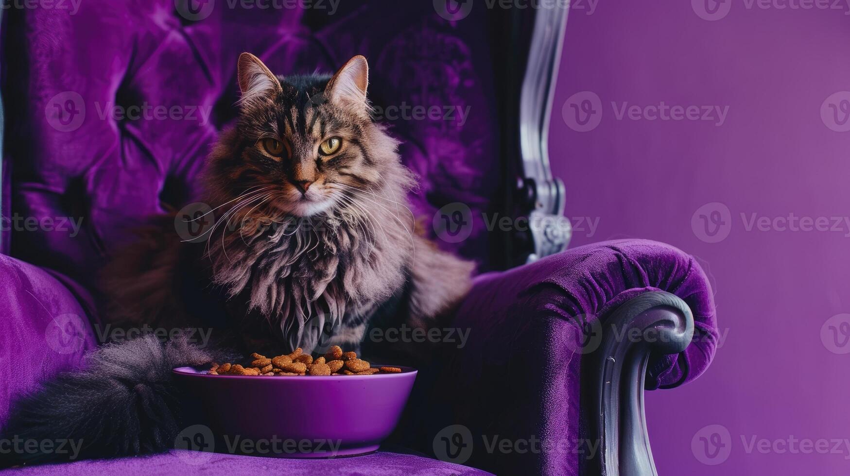 ai généré magnifique chat séance dans une victorien style chaise. a une bol de animal de compagnie aliments. photo