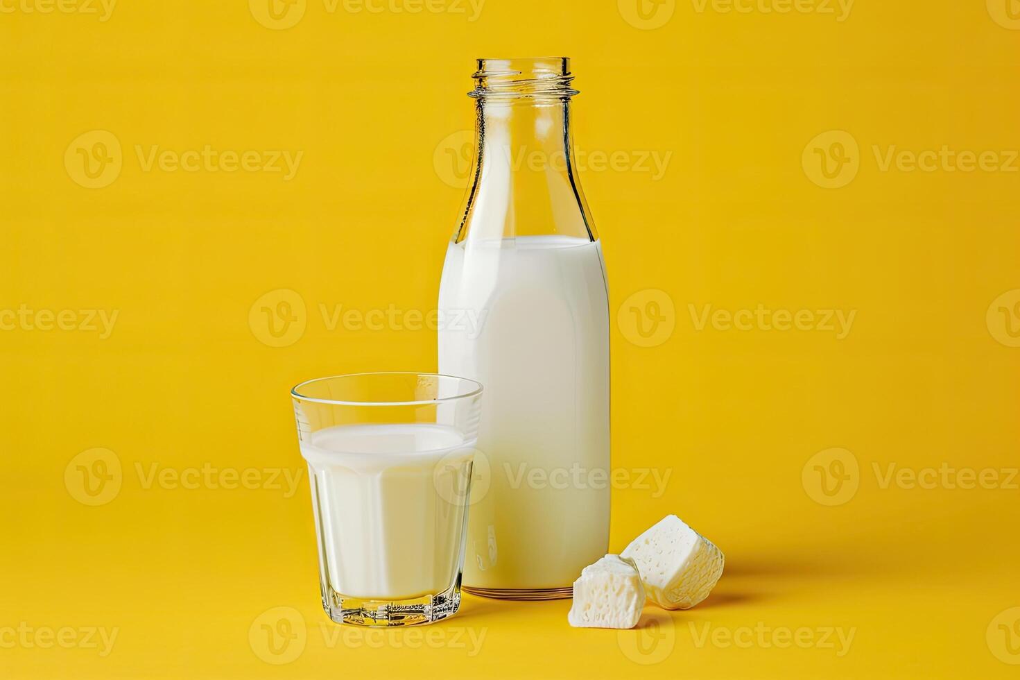 ai généré Lait dans le verre et bouteille sur Jaune Contexte. photo