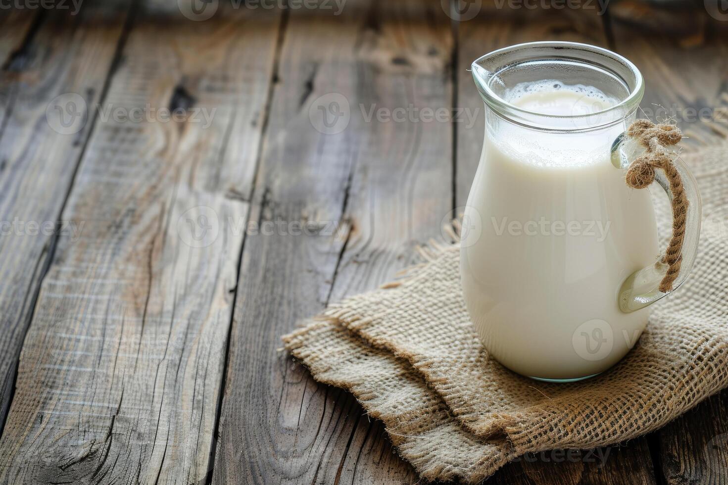 ai généré verre cruche de Frais Lait sur en bois tableau. photo