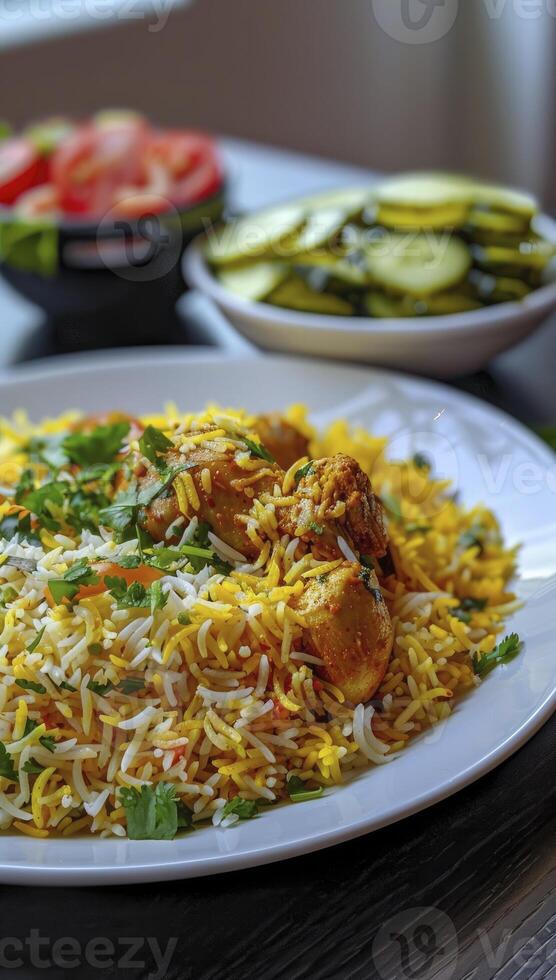 ai généré poulet biryani sur une blanc assiette photo