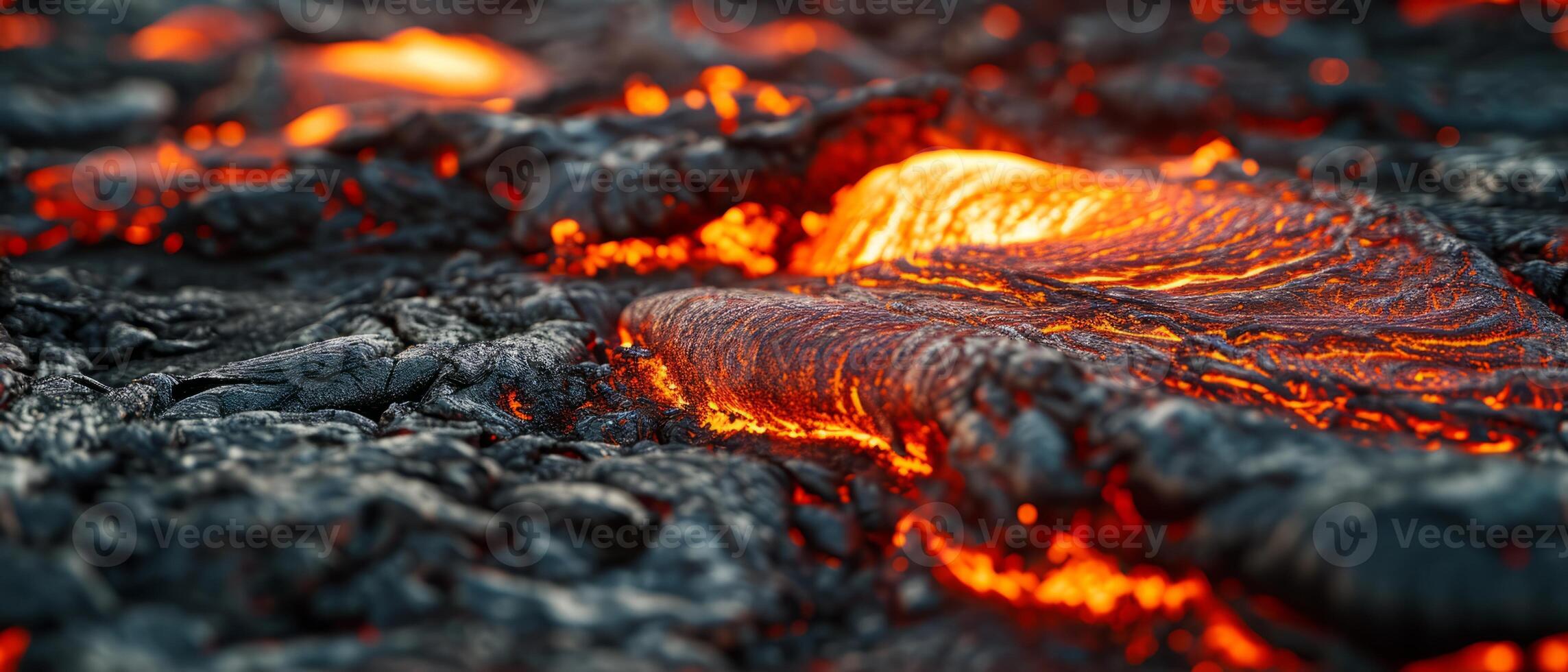 ai généré fermer de brillant, fondu lave écoulement entre endurci volcanique rochers, exposant la nature brut Puissance photo