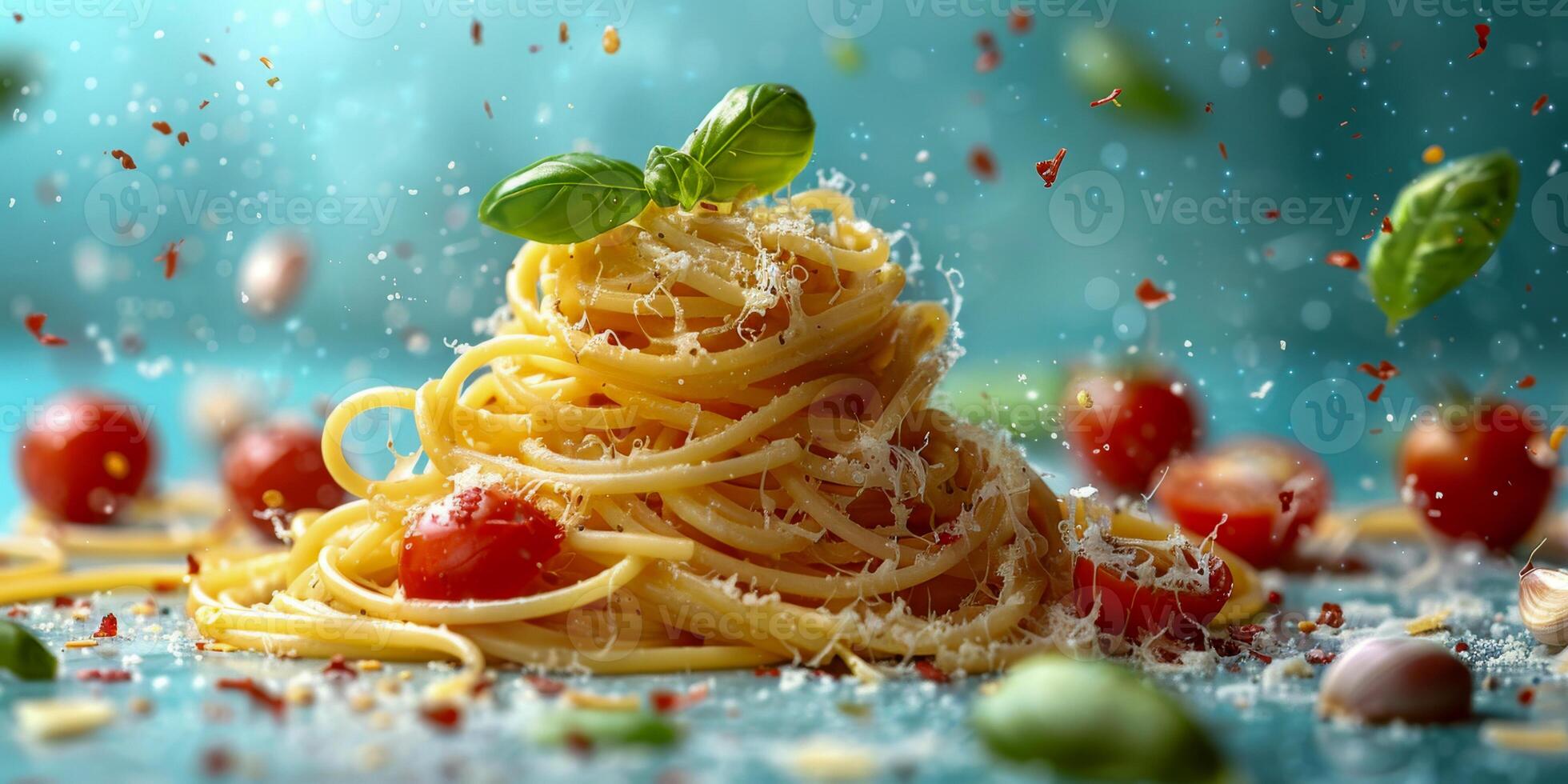 ai généré une assiette rempli avec une pile de spaghetti nouilles surmonté avec Frais tomates et basilic feuilles. photo