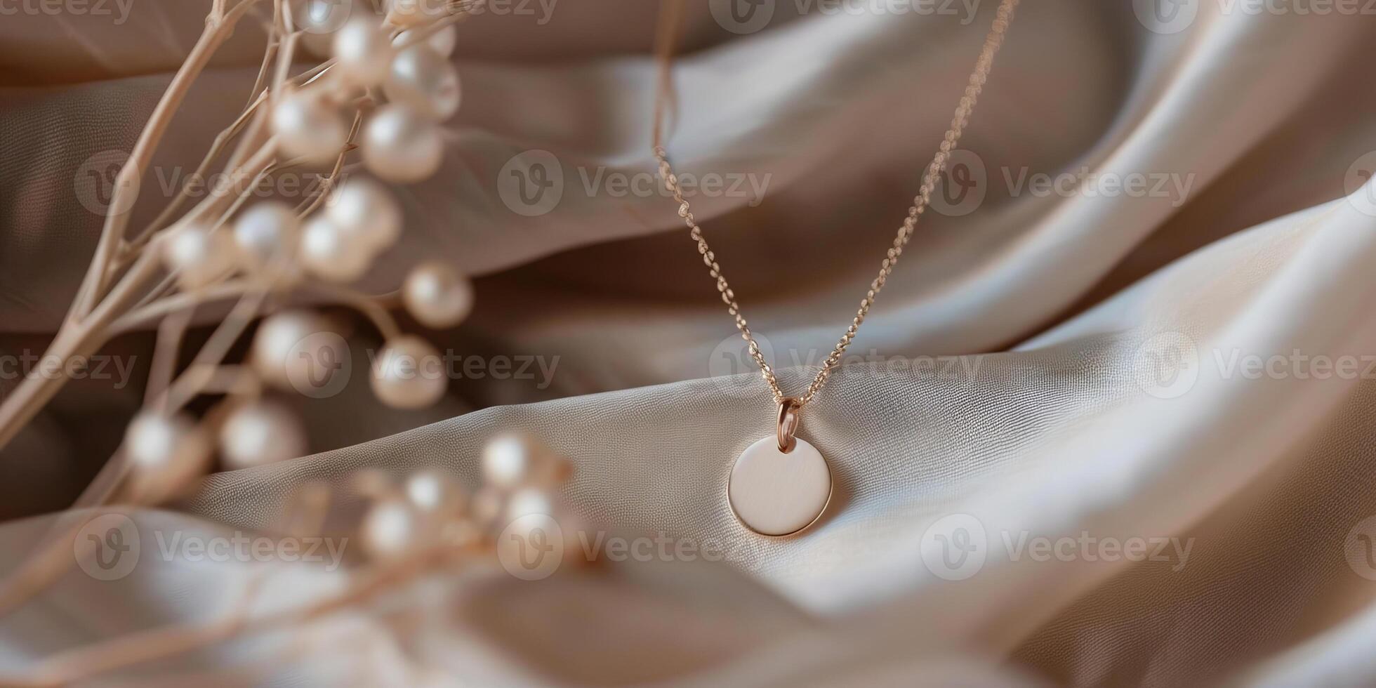 ai généré photo de une élégant or Collier avec une Facile circulaire pendentif pose gracieusement sur une soie tissu, accompagné par une délicat branche de perle baies