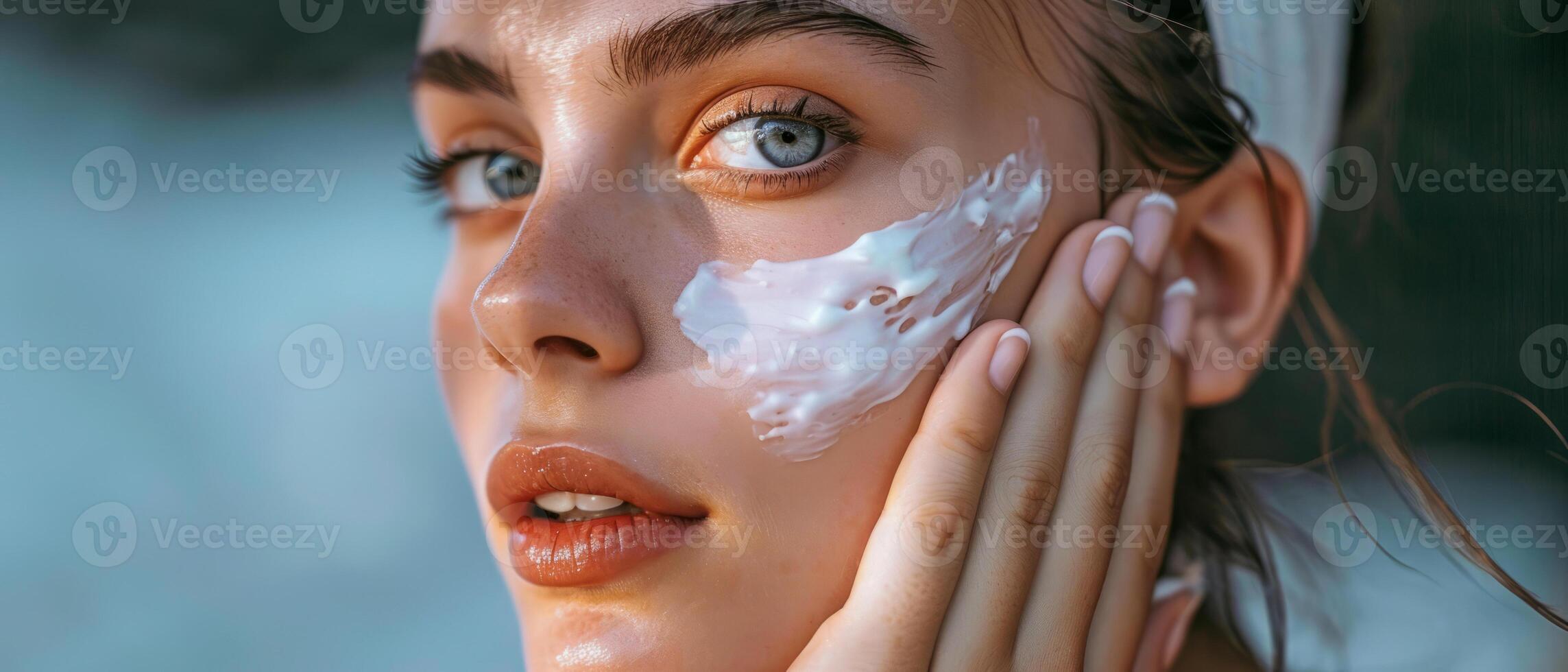 ai généré magnifique moment de du quotidien soins de la peau. fermer de une Jeune femme appliquant crème à sa joue photo