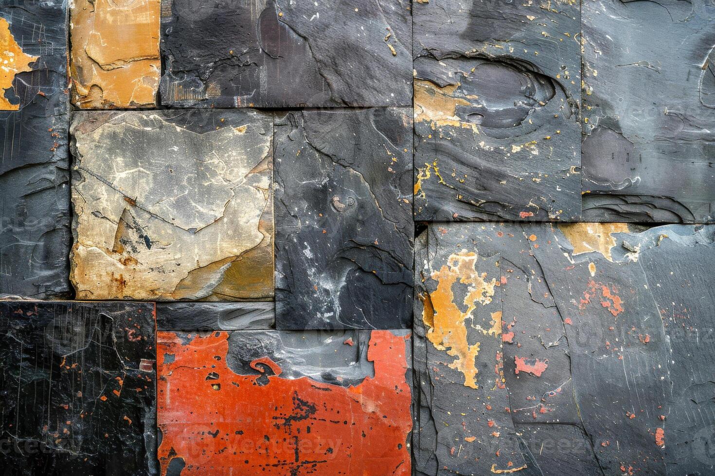 ai généré fermer coup de une ardoise mur avec un abstrait conception, avec patchs de Orange rouille pour une texturé, grunge Contexte photo