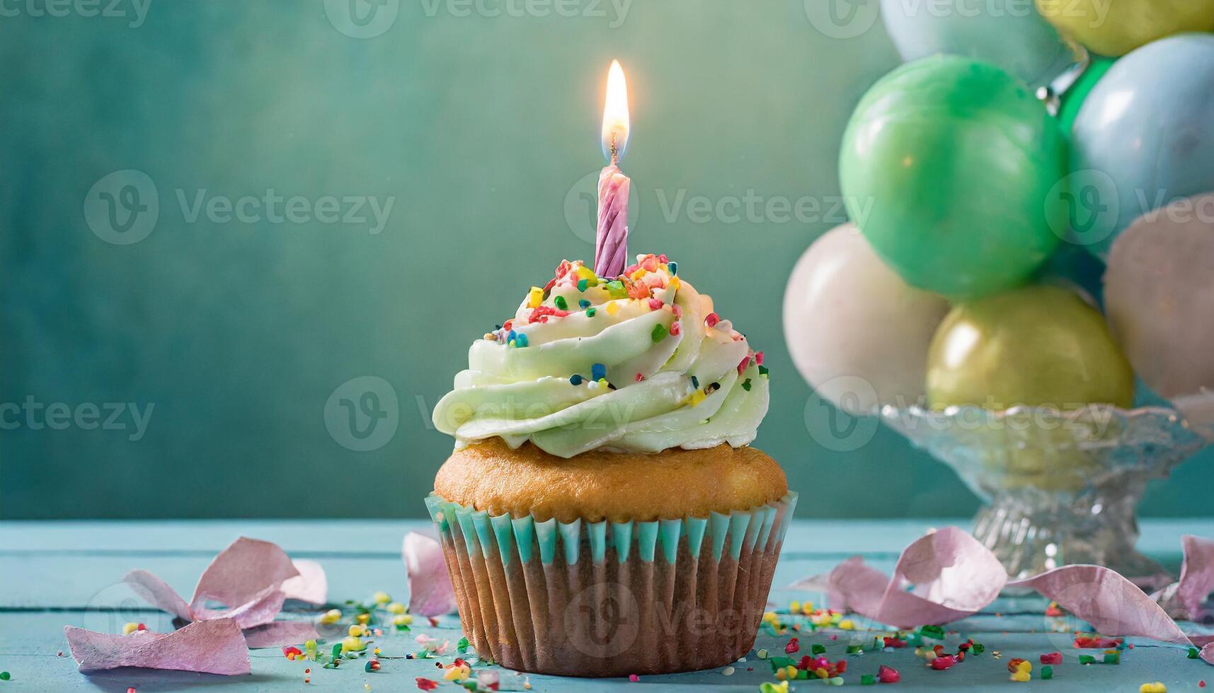 ai généré mignonne petit gâteau avec bougie sur des ballons pour anniversaire fête photo