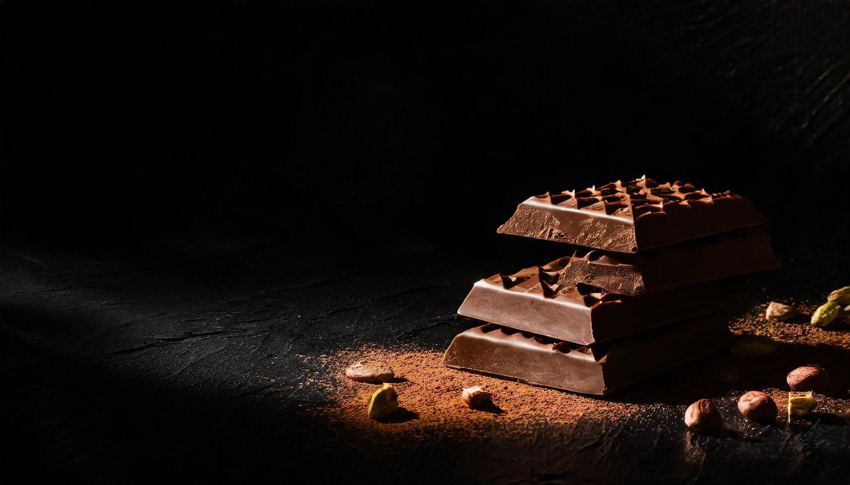 ai généré empiler de Chocolat bars sur une foncé Contexte photo