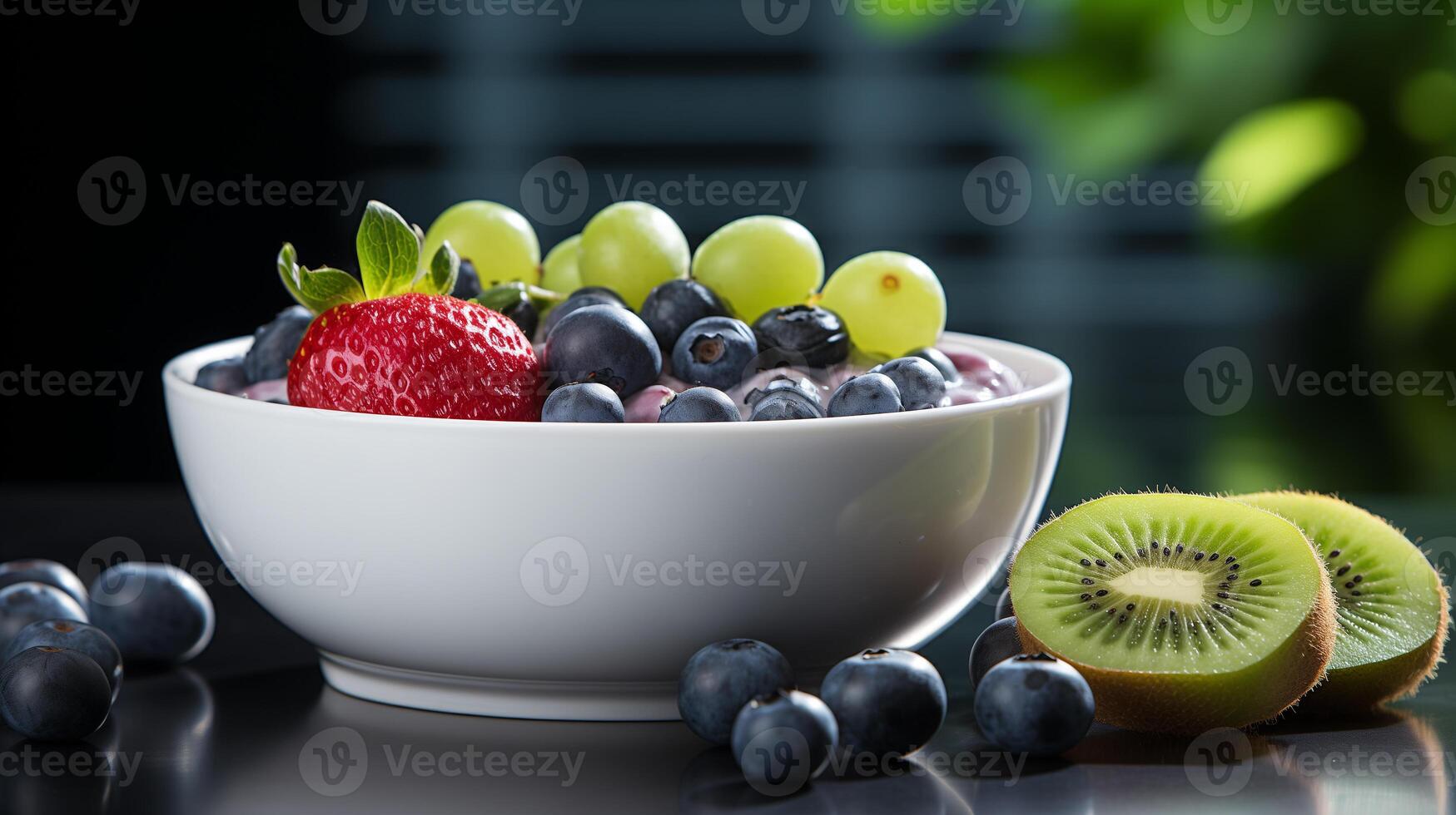 ai généré bol de brésilien congelé acai baie avec fraise, raisins, kiwi et myrtille photo