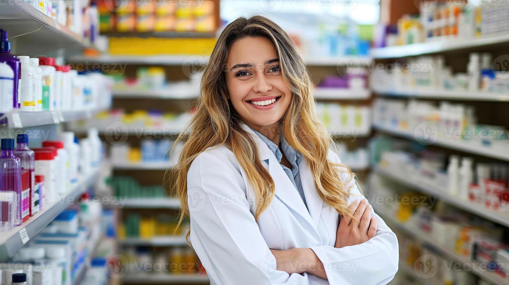 ai généré à l'intérieur le pharmacie, souriant et sur de soi Jeune femelle pharmacien avec bras franchi, génératif ai photo