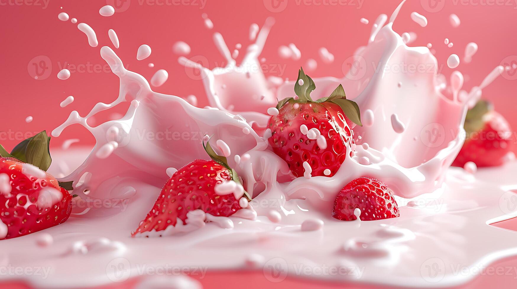 ai généré Lait éclaboussure avec des fraises isolé sur rose Contexte photo