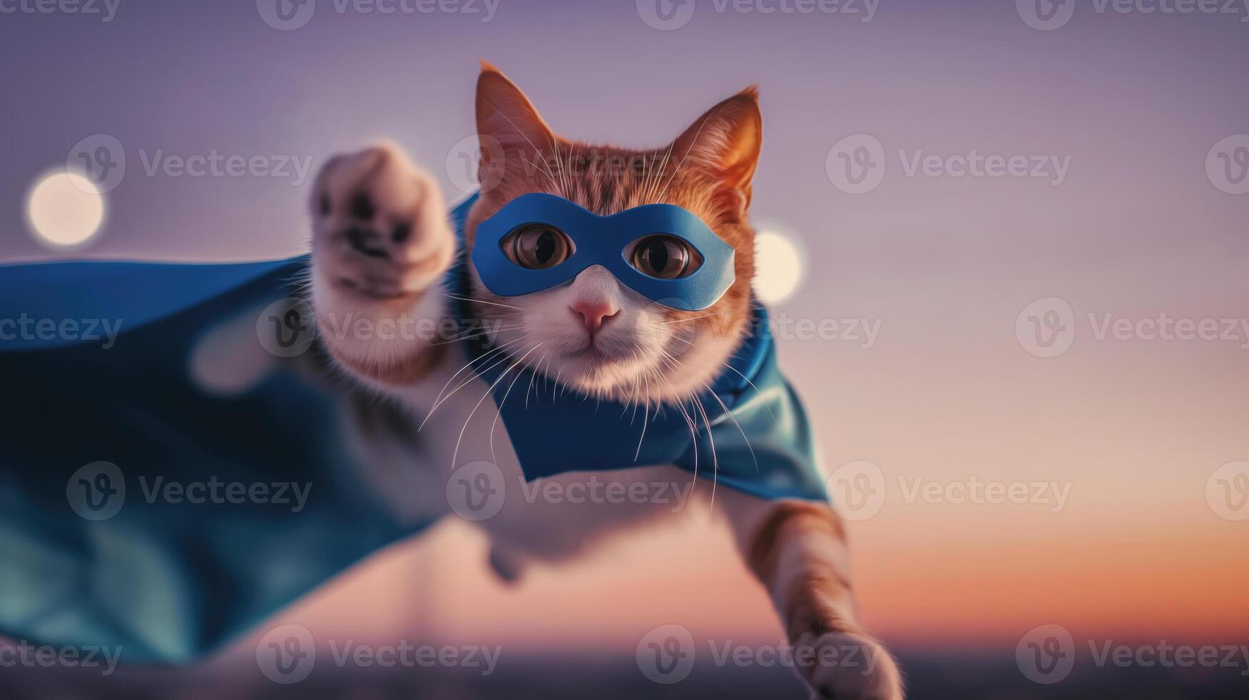 ai généré félin super-héros, mignonne minou avec une bleu cap et masque costume en volant, génératif ai photo